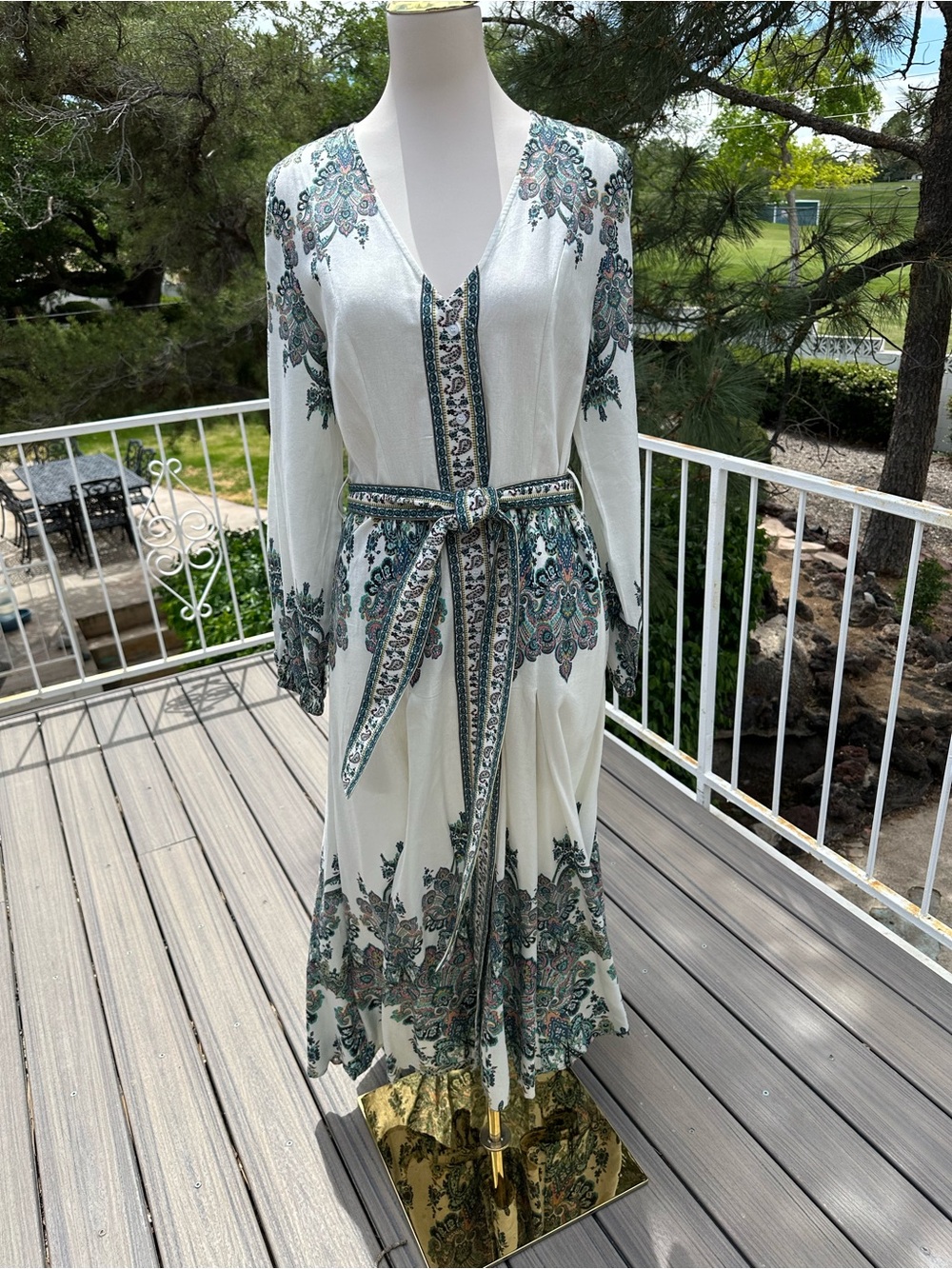 White Floral V-Neck Tie-Waist Midi Dress